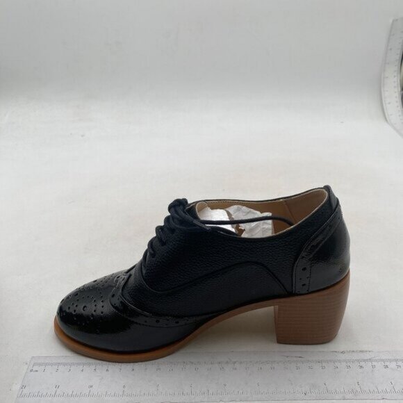 FOWT Women's Perforated Lace-Up Oxfords Almond Toe Mid Chunky Heel Black Shoes - Picture 2 of 8